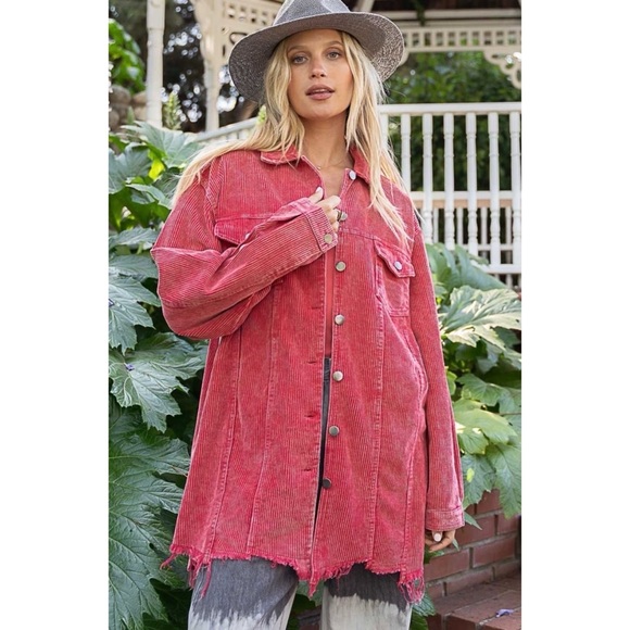 POL Ruby Red Oversized Distressed Hem Long Corduroy Jacket - Picture 5 of 8